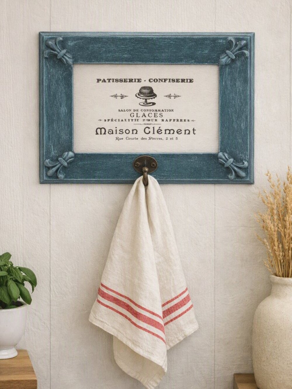 French Country Apron Hanger – Distressed Blue‑Green Patisserie Wall Decor